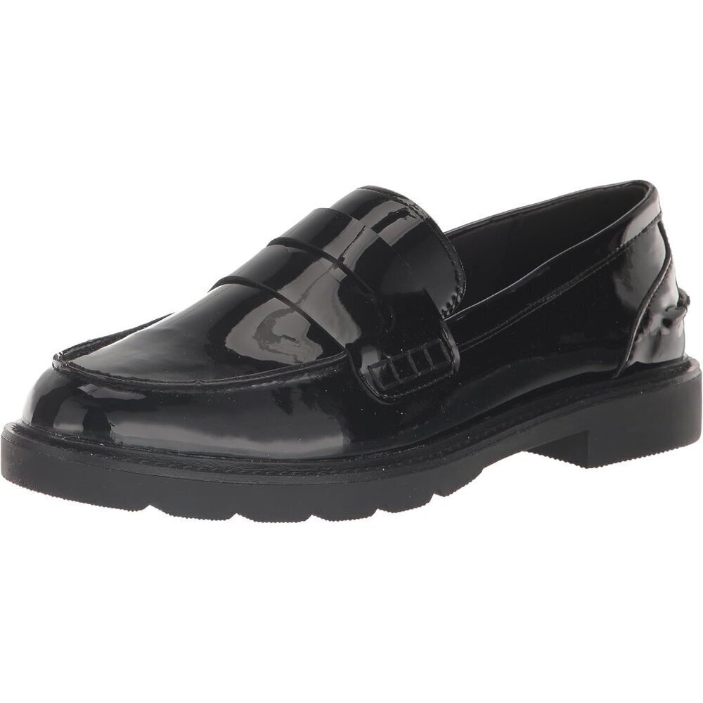 Anne Klein Womens Black Patent Rubber Low Chunky Heel Rounded Toe Loafer Flat
